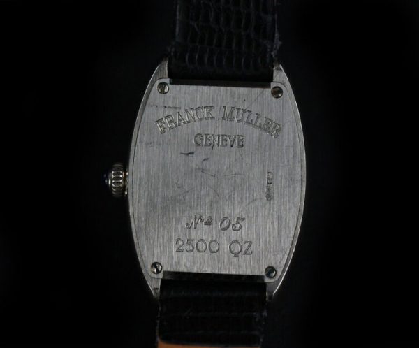 Franck Muller 18ct White Gold and Diamond 20mm Ladies Quartz Watch, diamond dial and buckle, mother of pearl face, black leather strap, Circa 2000s