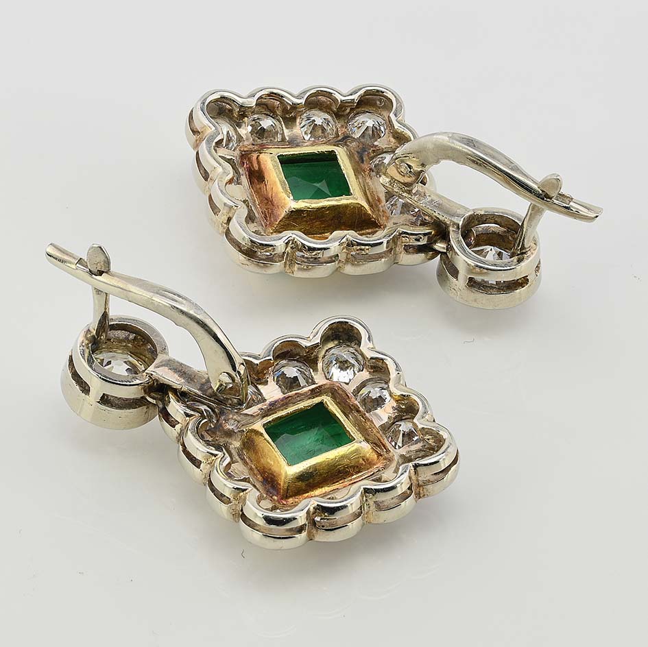 Art Deco 3.54ct Colombian Emerald and 5.75ct Diamond Cluster Drop Earrings