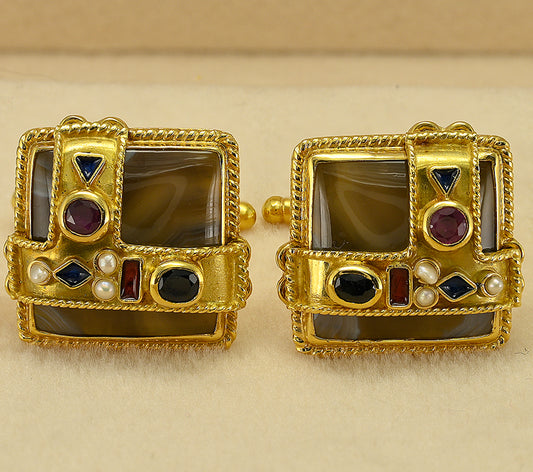 Vintage Percossi Papi Agate Multi Gemstone Gold Cufflinks