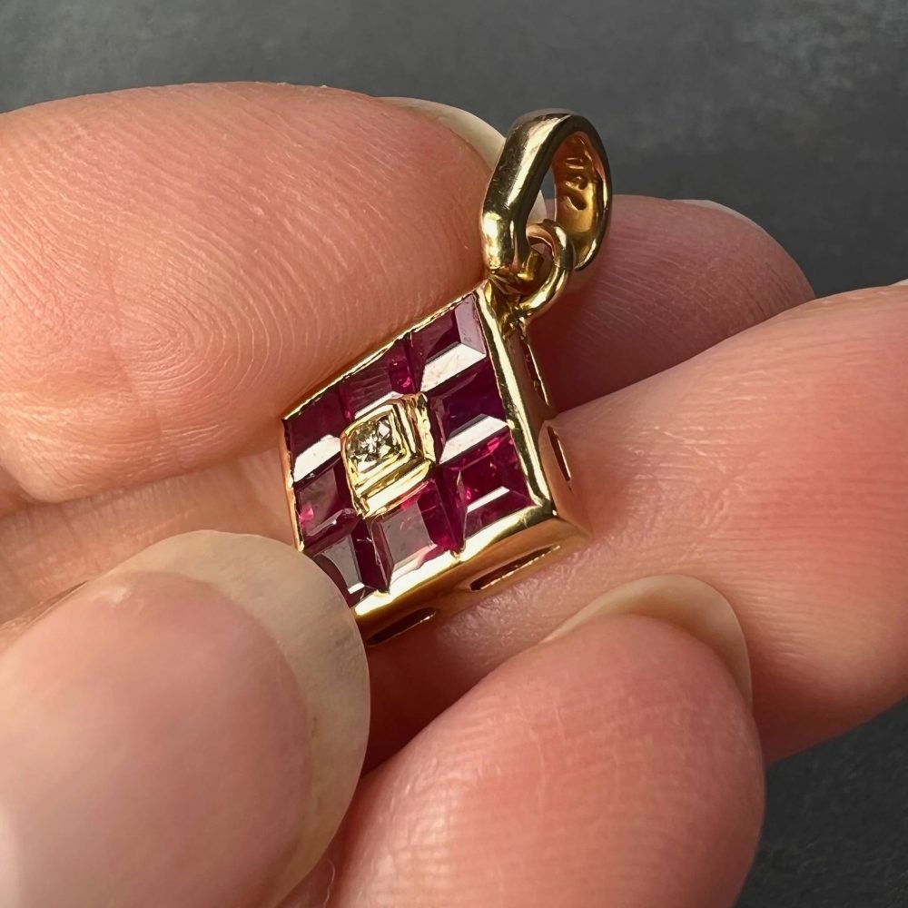 0.96ct Princess Cut Ruby and Diamond Square Cluster Pendant