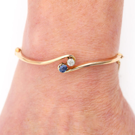 Edwardian Antique Sapphire Diamond 15ct Gold Bangle Bracelet