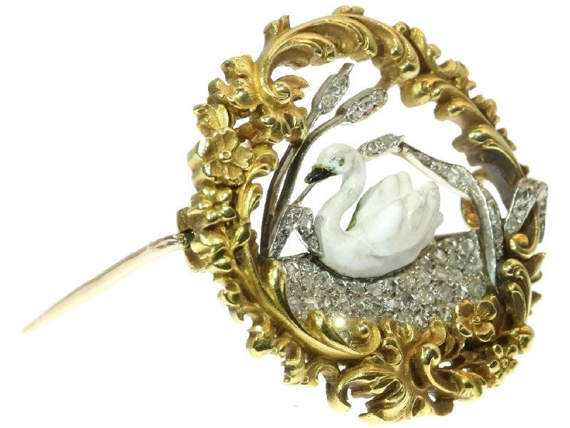 Antique Art Nouveau French Enamelled Swan on Diamond Lake Brooch