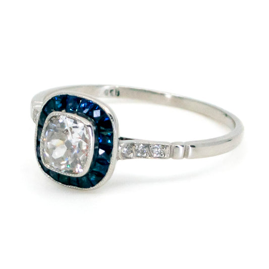 Platinum Sapphire and Cushion-Cut Diamond Halo Cluster Ring, 0.60 Carat