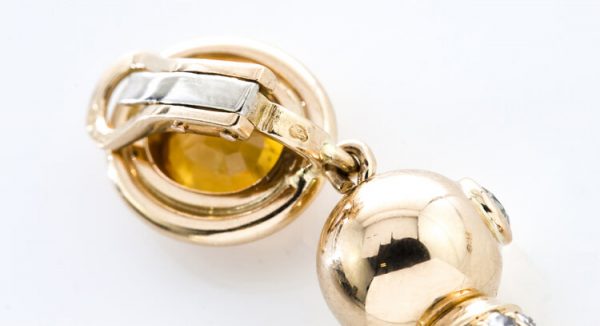 Vintage French Amethyst, Diamond and Citrine Clip On Drop Earrings, in 18ct yellow gold, Circa 1970s