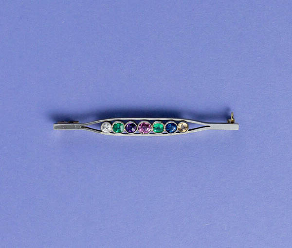 Antique Multi Gemstone Dearest Brooch in 15ct Gold and Platinum
