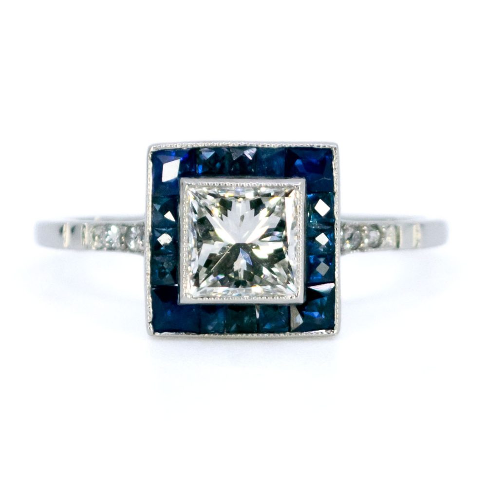 Vintage Diamond And Sapphire Square Shape Ring In Platinum