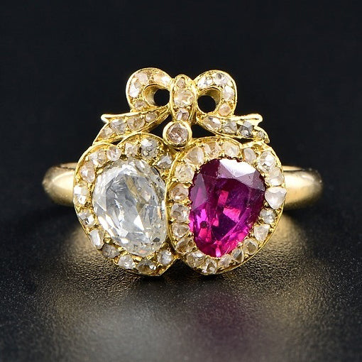 Georgian Antique Burma Ruby and Old Cut Diamond Double Heart Cluster Sweetheart Ring