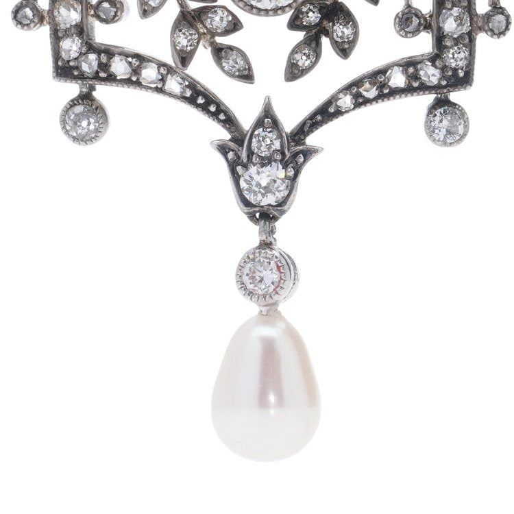 Belle Epoque Old Cut Diamond Pendant with Natural Pearl