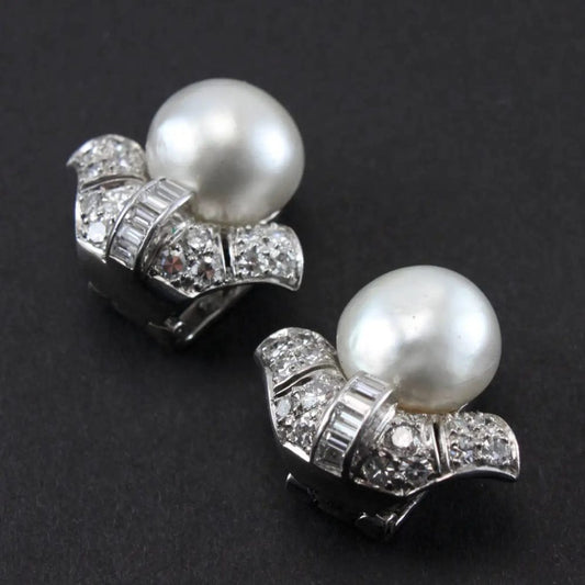 Art Deco Natural Pearl and Diamond Clip On Earrings