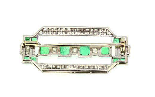 Antique Art Deco Columbian Emerald and Diamond Plaque Brooch