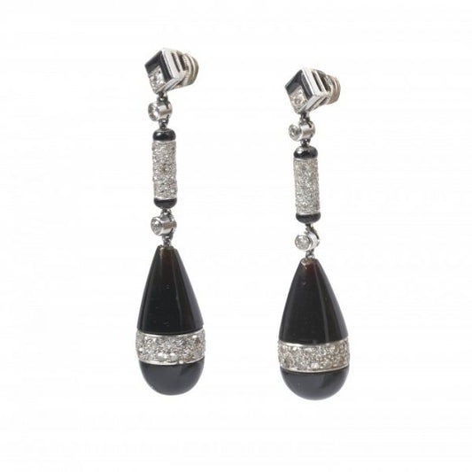 Art Deco Onyx Diamond Enamel Platinum Drop Earrings