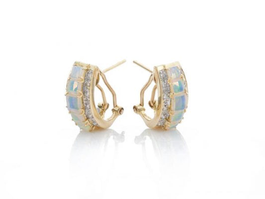 Vintage Opal and Diamond Half Hoop Earrings, Circa 1970s