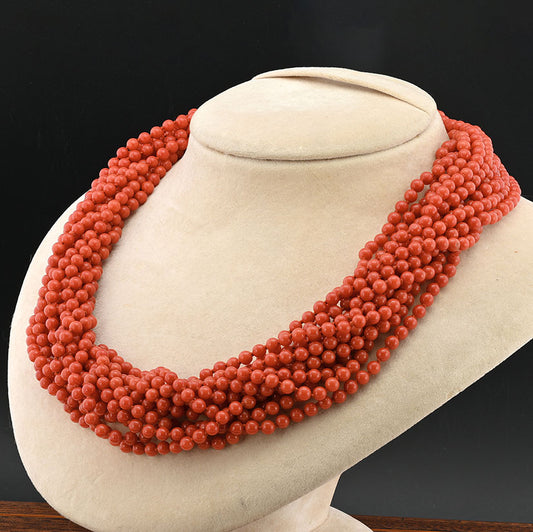 Vintage Italian Multi Strand Natural Red Sardinia Coral Torsade Necklace