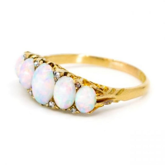 Antique Victorian Opal and Diamond Five-Stone Ring, Circa 1900