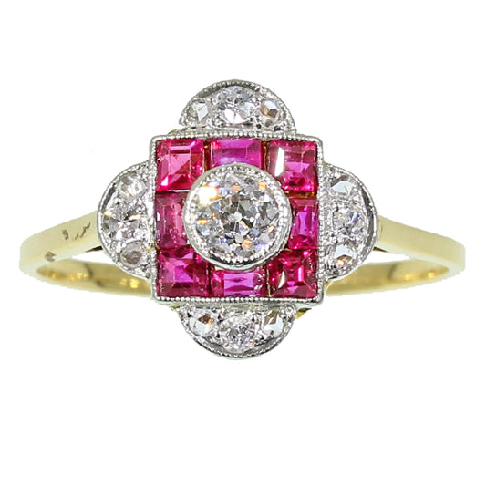 Ruby diamond Art Deco engagement ring yellow gold