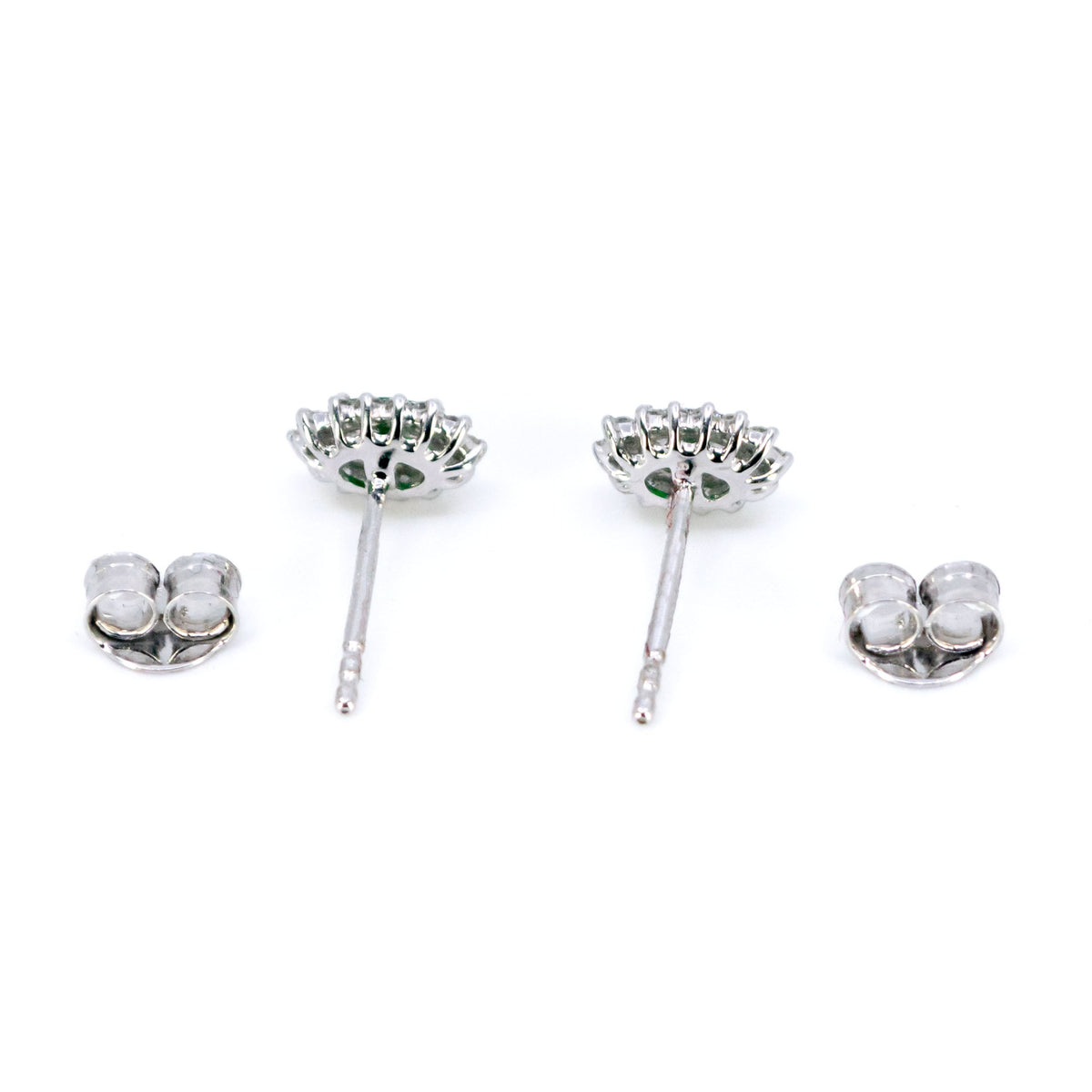 Modern 18 Carat White Gold Emerald and Diamond Oval Cluster Stud Earrings