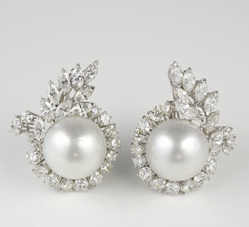 Exceptional Vintage Fifties 6.50ct Diamond and South Sea Pearl Earrings