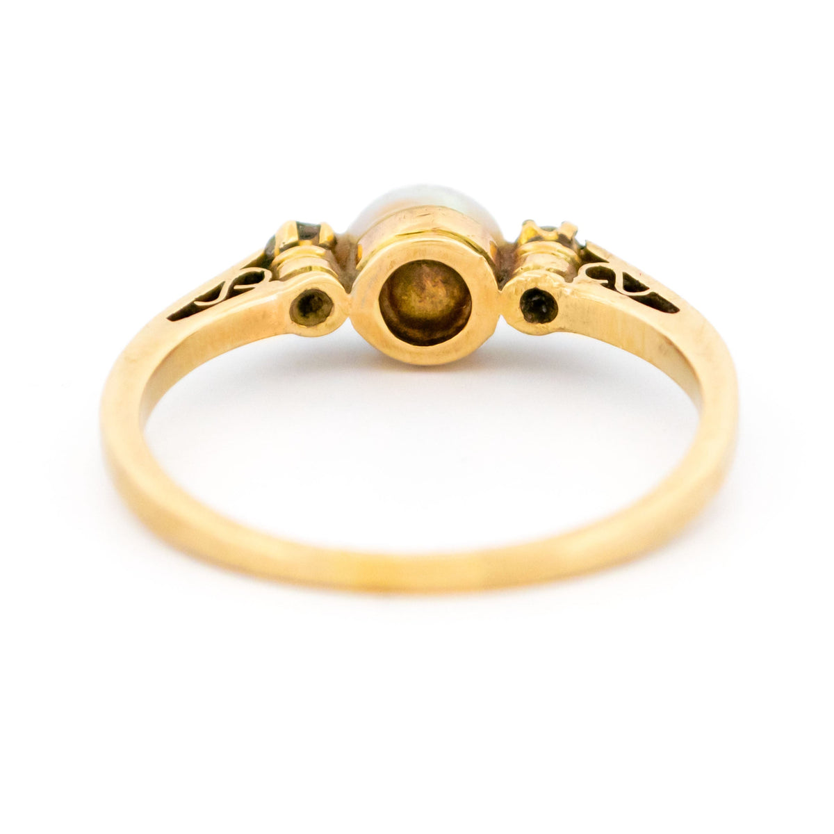 Victorian 9 Carat Yellow Gold 6mm Pearl and Diamond Three Stone Ring
