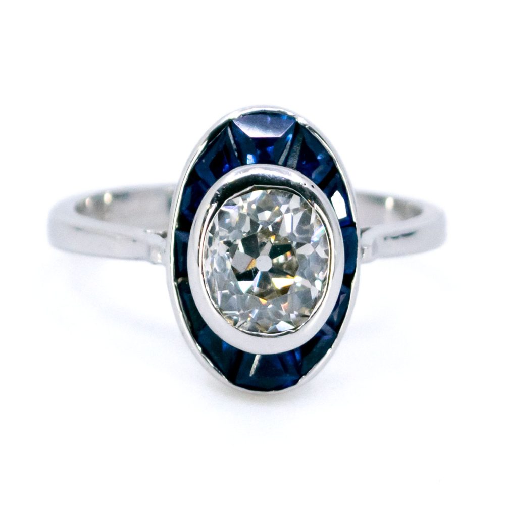 Vintage 1 Carat Old Cut Diamond And Sapphire Halo Ring In 18 Carat White Gold