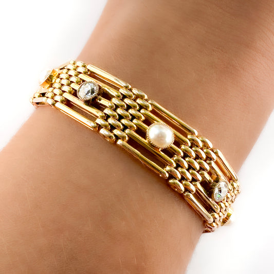 Edwardian Antique 15ct Gold Gate Link Bracelet with Diamond and Pearl