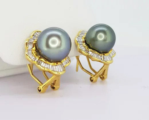 Tahitian Pearl and Diamond Cluster Earrings; Tahitian pearl set within a border of tapered baguette-cut diamonds, clip and post fittings, 18ct yellow gold.
