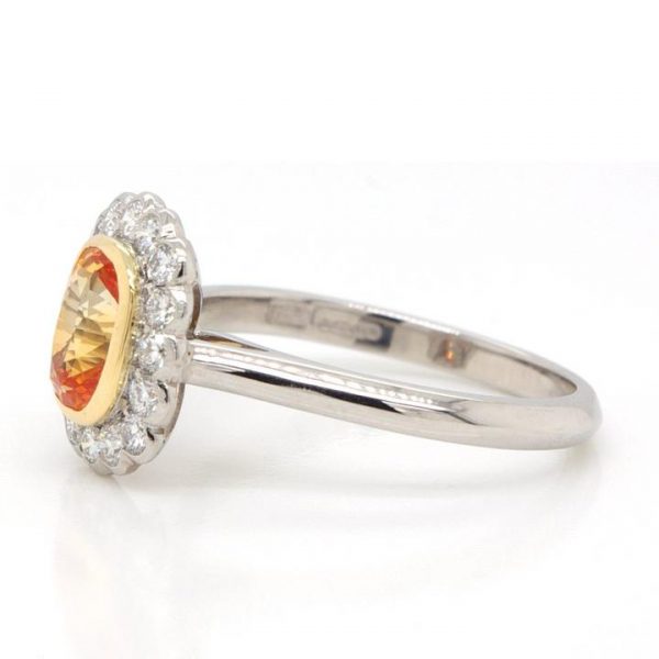Cushion Cut Orange Sapphire and Diamond Cluster Ring, 1.29 carats