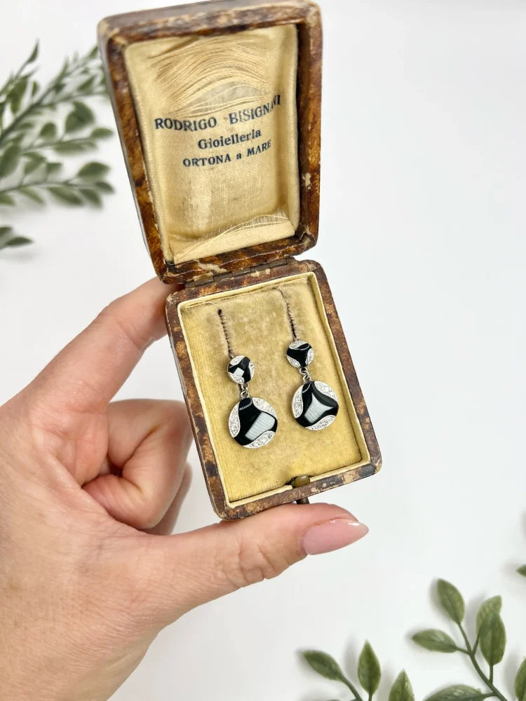 Antique Art Deco Diamond And Onyx Earrings In 18 Carat White Gold