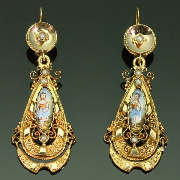 Antique Victorian Biedermeier Enamelled 18ct Gold Pendant Earrings