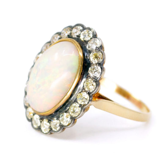 Vintage 6.5 Carat Opal And Old Cut Diamond Cluster Ring In 14 Carat Yellow Gold And Silver