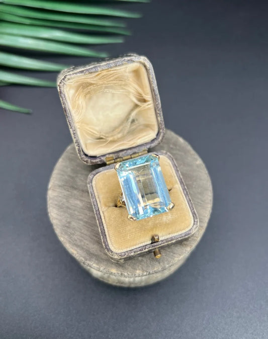 Vintage 19.64ct Aquamarine Solitaire Cocktail Ring with Baguette Diamond Shoulders