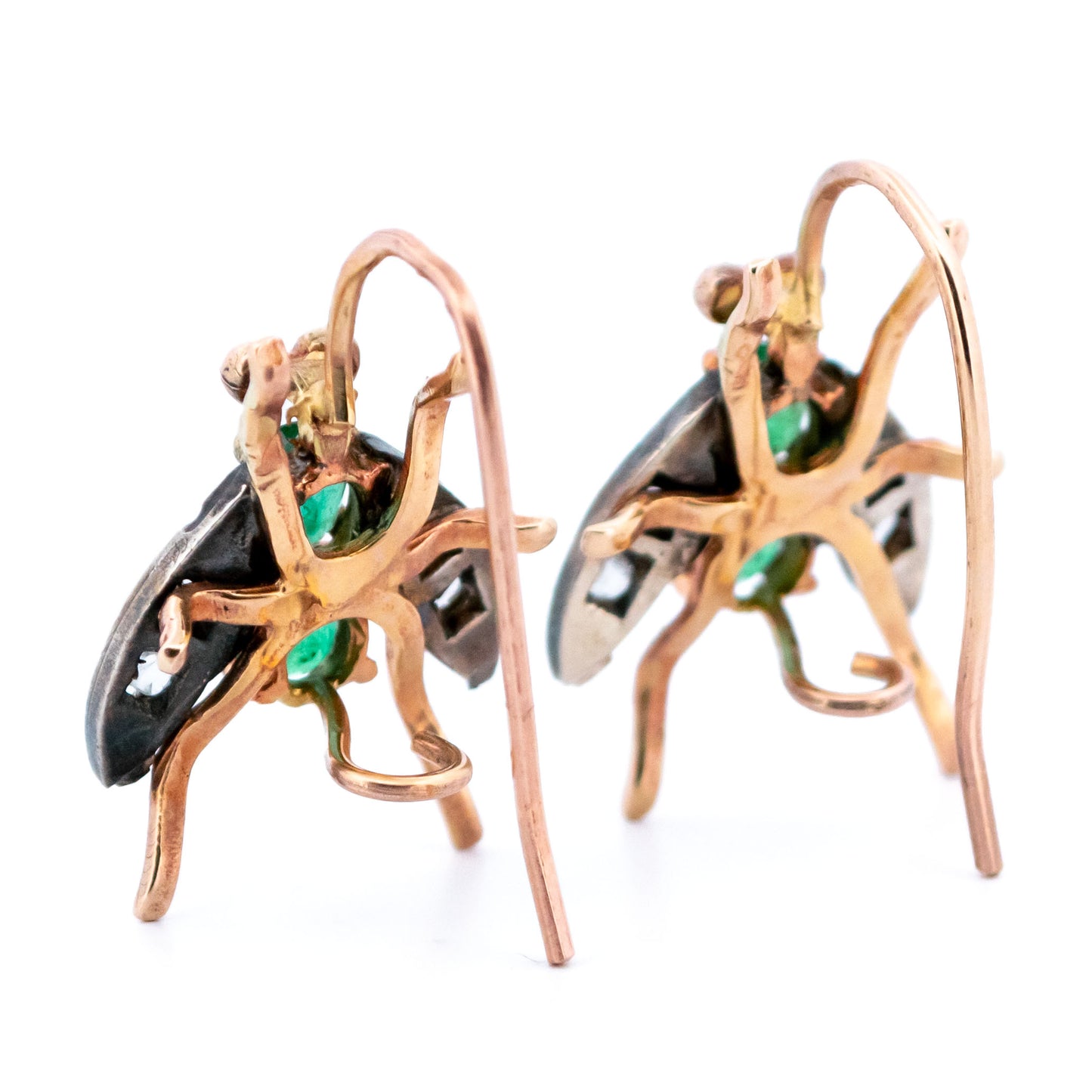 9 Carat Yellow Gold Emerald and Rose Cut Diamond Insect Earrings