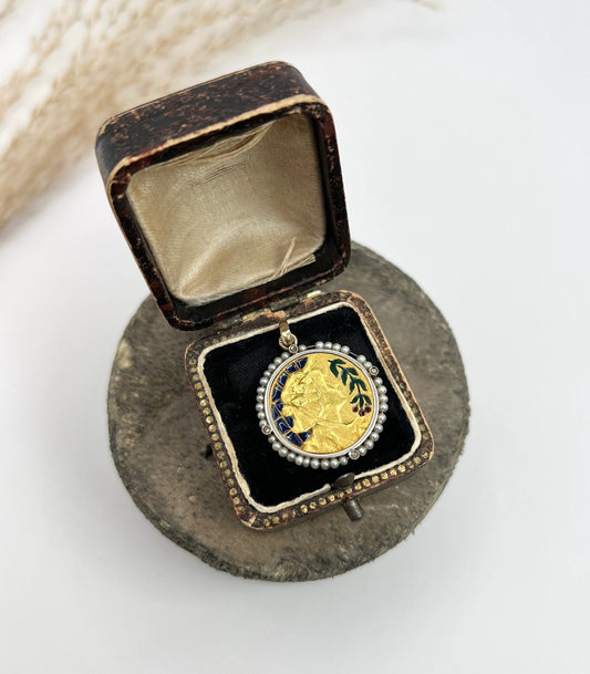 Antique 18 Carat Yellow Gold Plique a Jour and Seed Pearl Lady Portrait Pendant