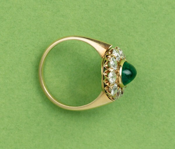 Antique Edwardian 1.54ct Cabochon Emerald and Old Cut Diamond Cluster Ring in 18ct Yellow Gold