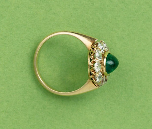 Antique Edwardian 1.54ct Cabochon Emerald and Old Cut Diamond Cluster Ring in 18ct Yellow Gold