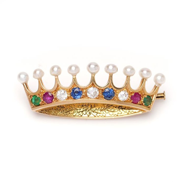 Art Deco 18ct Gold Crown Brooch with Multiple Gemstones and Pearls