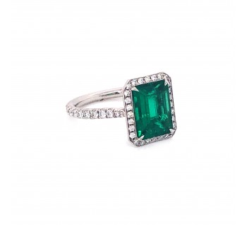 Emerald-Cut 2.03ct Emerald and Diamond Cluster Ring in 18ct White Gold
