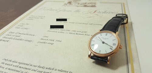 Patek Philippe 3802R Calatrava 18ct Rose Gold 33mm Automatic watch, porcelain-white dial, black Roman numerals, date aperture at 3, Patek Philippe black leather strap, Circa 1994, mint condition, with Patek Philippe pouch and Extract.
