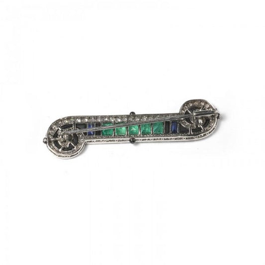 Art Deco French Emerald Sapphire Onyx and Diamond Bar Brooch