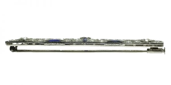 Antique Art Deco Cabochon Cut Sapphire and Diamond Bar Brooch, Platinum