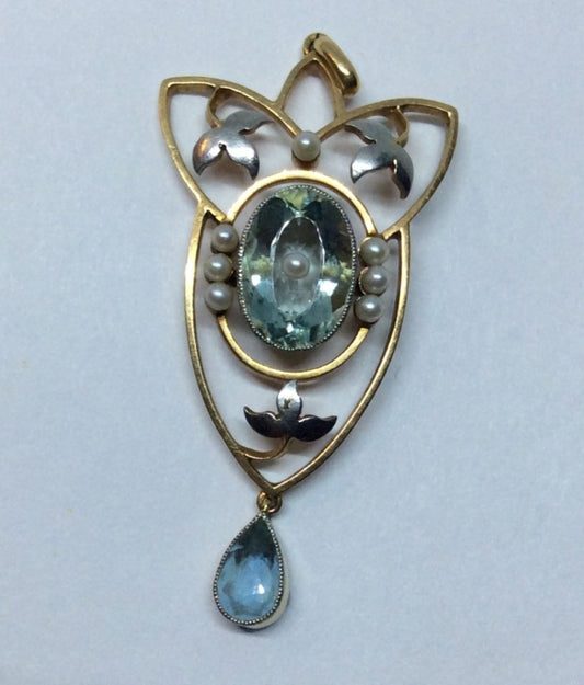 Antique Edwardian Aquamarine & Pearl Pendant
