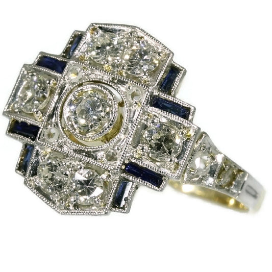 Antique Art Deco Engagement Ring with Diamonds and Sapphires