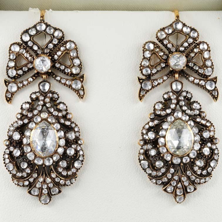 Vintage Georgian Antique Style Rose Cut Diamond Pendeloque Earrings, set with 11.60 carats of pear and round Dutch rose cut diamonds in silver to 9ct gold