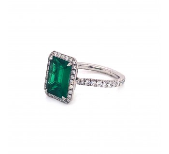 Emerald-Cut 2.03ct Emerald and Diamond Cluster Ring in 18ct White Gold