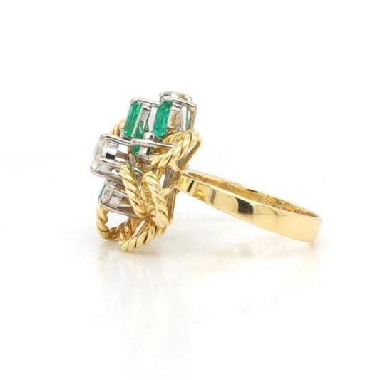 Vintage 18ct Yellow Gold, Emerald and Diamond Abstract Cluster Ring