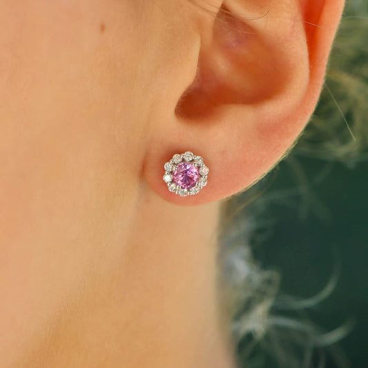 Pink Sapphire and Diamond Floral Cluster Earrings
