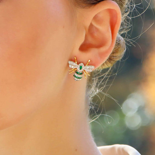 Modern Emerald and Diamond Bee Earrings