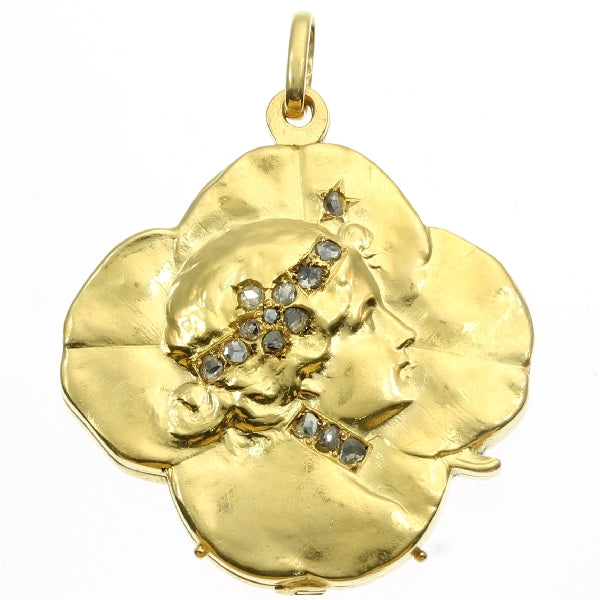 Antique Art Nouveau 18ct Gold Womans Head Diamond Set Clover Pendant