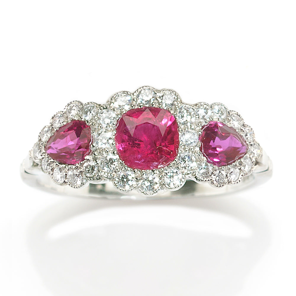 Platinum Ruby and Diamond Triple Cluster Ring
