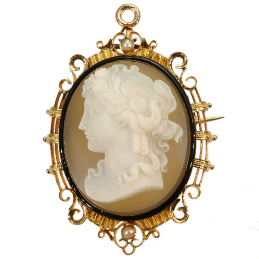 Antique Victorian French Hard Stone Cameo Brooch in Elegant Enamelled Mounting