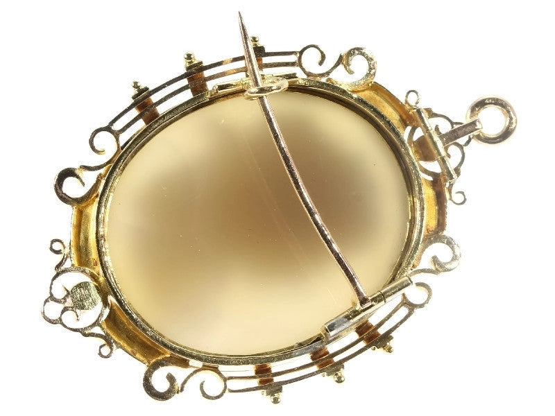 Antique Victorian French Hard Stone Cameo Brooch in Elegant Enamelled Mounting